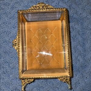 Vintage French Beveled Glass And Gold Filigree Stand-up Casket
